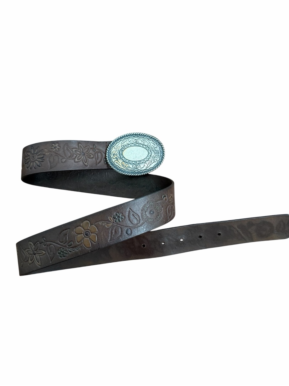 western floral tooled leather belt silver engraved buckle boho cowgirl